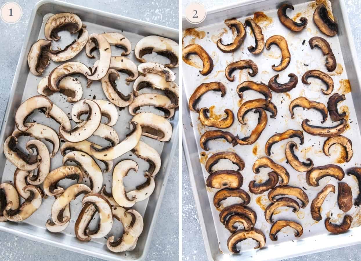 mushroom sliced baking on a baking sheet