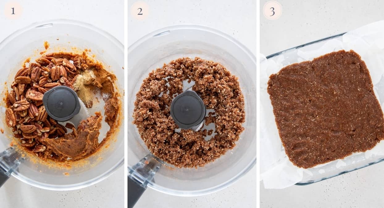 picture collage demonstrating how to make vegan cheesecake bar crust in food processor 