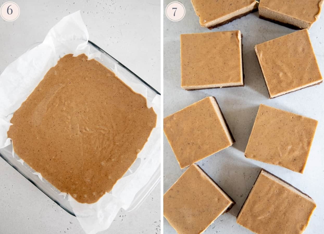 chilled vegan chai latte cheesecake being cut into squares