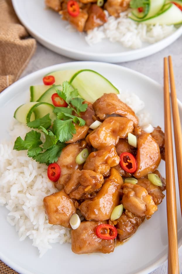 plate with rice and Vietnamese coconut caramel chicken