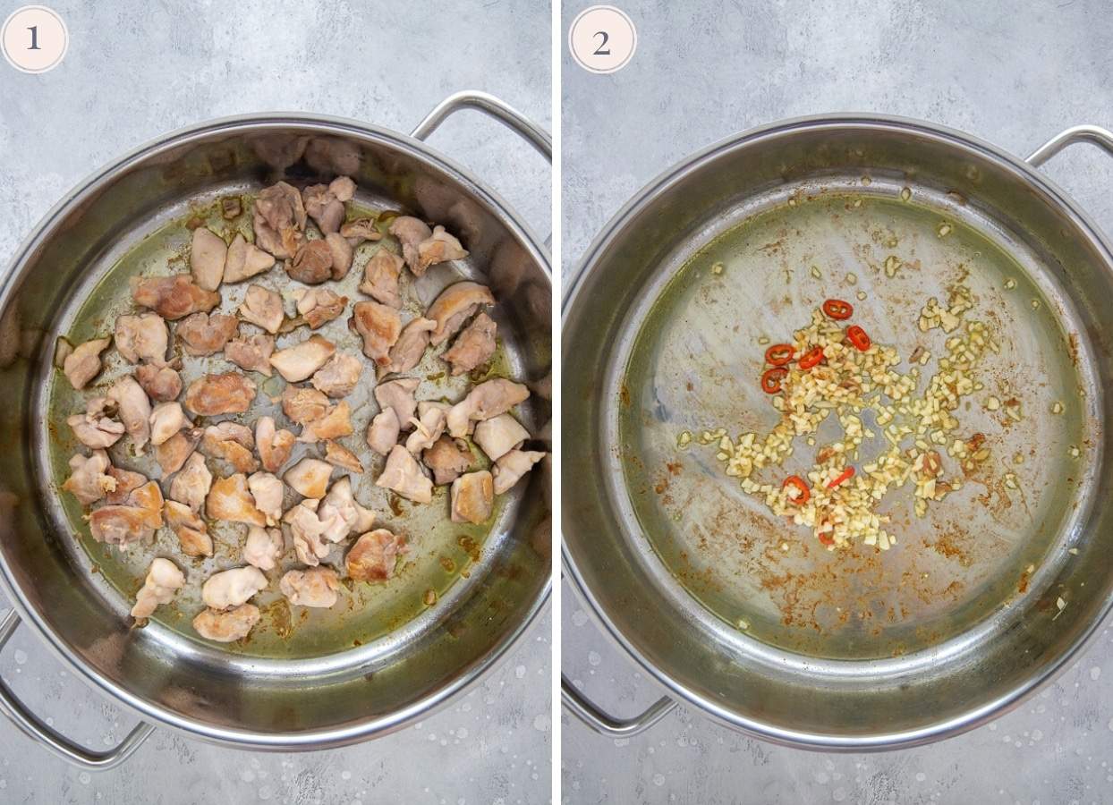 picture collage demonstrating how to fry chicken for making caramel chicken