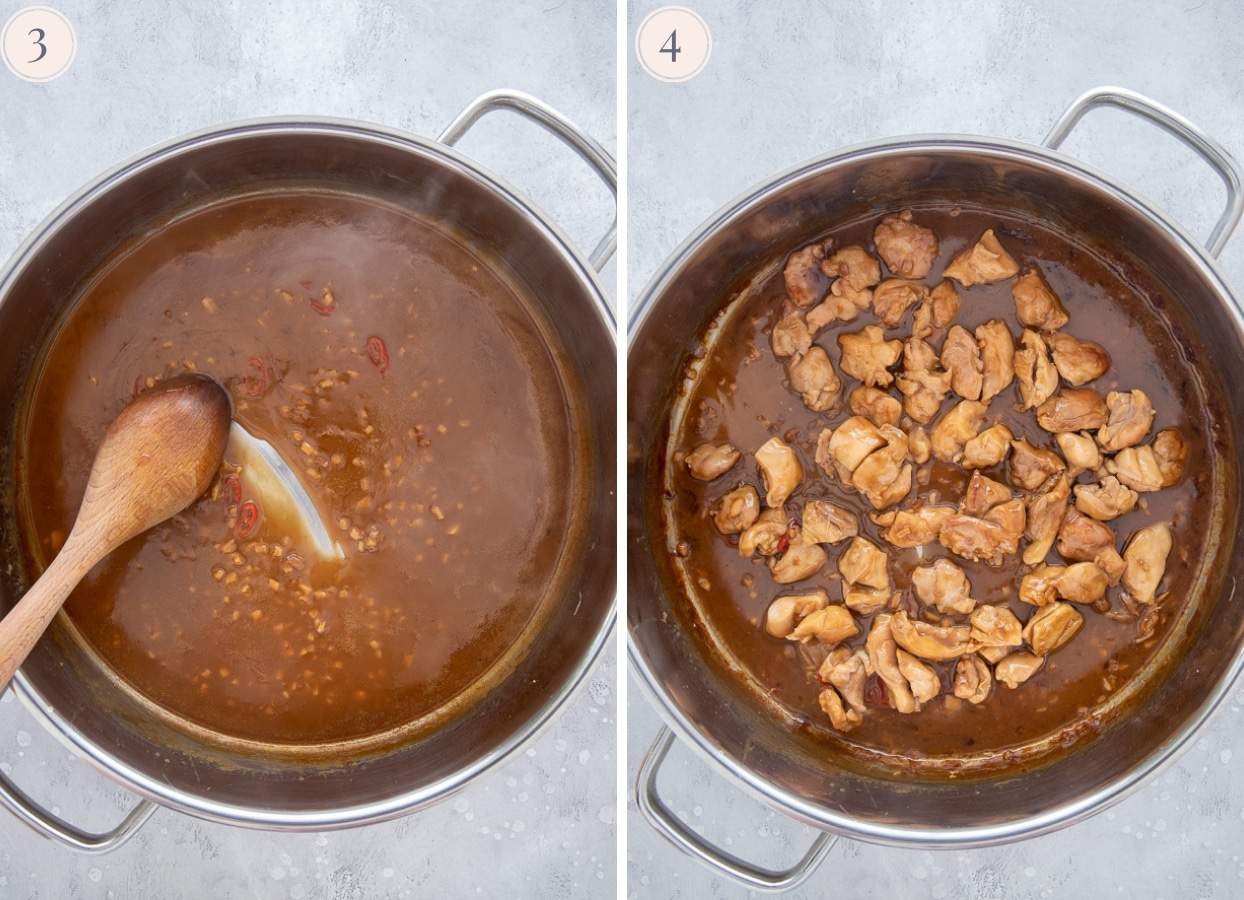 picture collage demonstrating how to make coconut caramel chicken in one pan 