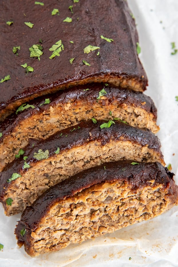 sliced paleo turkey meatloaf glazed with homemade prune ketchup 