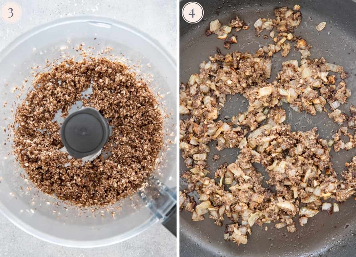 chopped mushrooms and onions being chopped than sauteed in a pan 