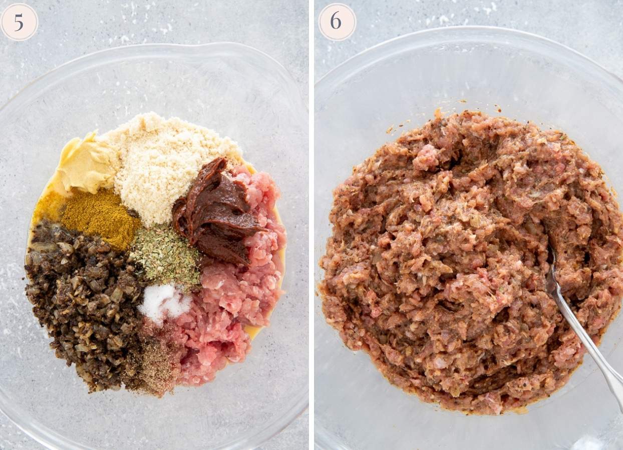 turkey meatloaf mixture ingredients being combined in a glass bowl 