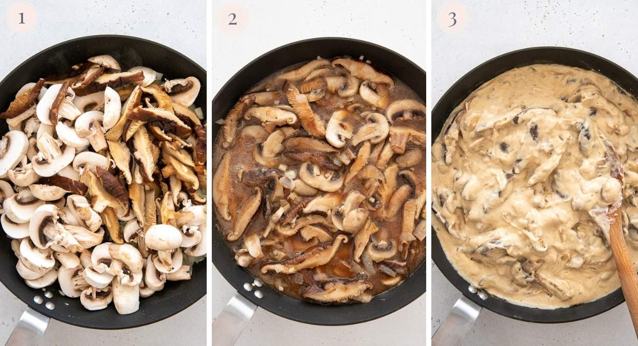 vegan mushroom stroganoff sauce in a black skillet 