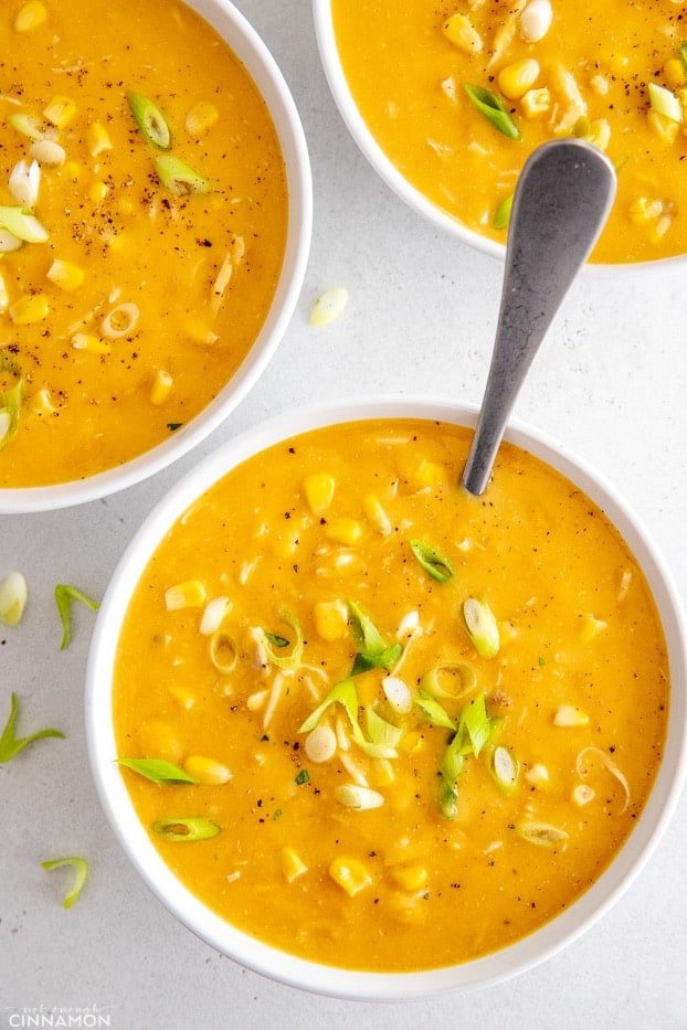 a bowl of healthy slow cooker chicken corn chowder