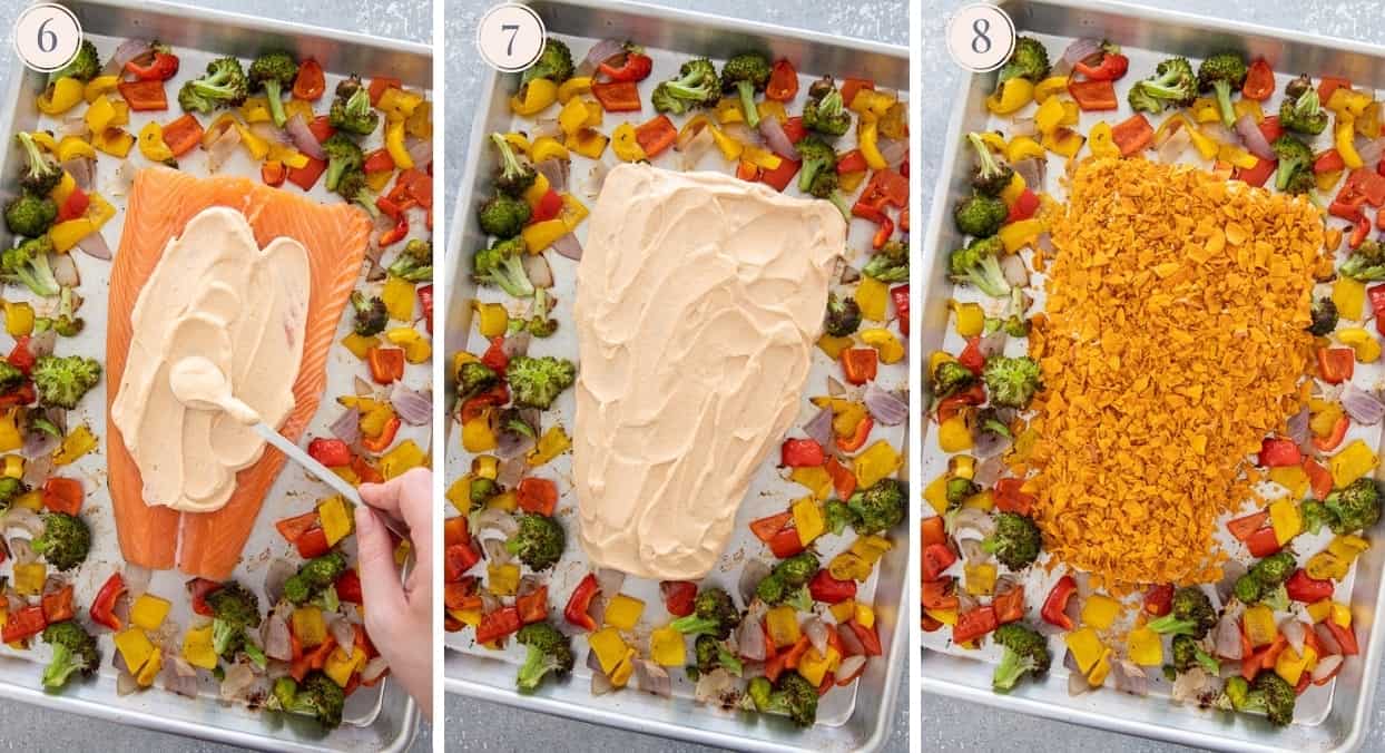 mayo and sweet potato chips crust being put on salmon fillet before baking