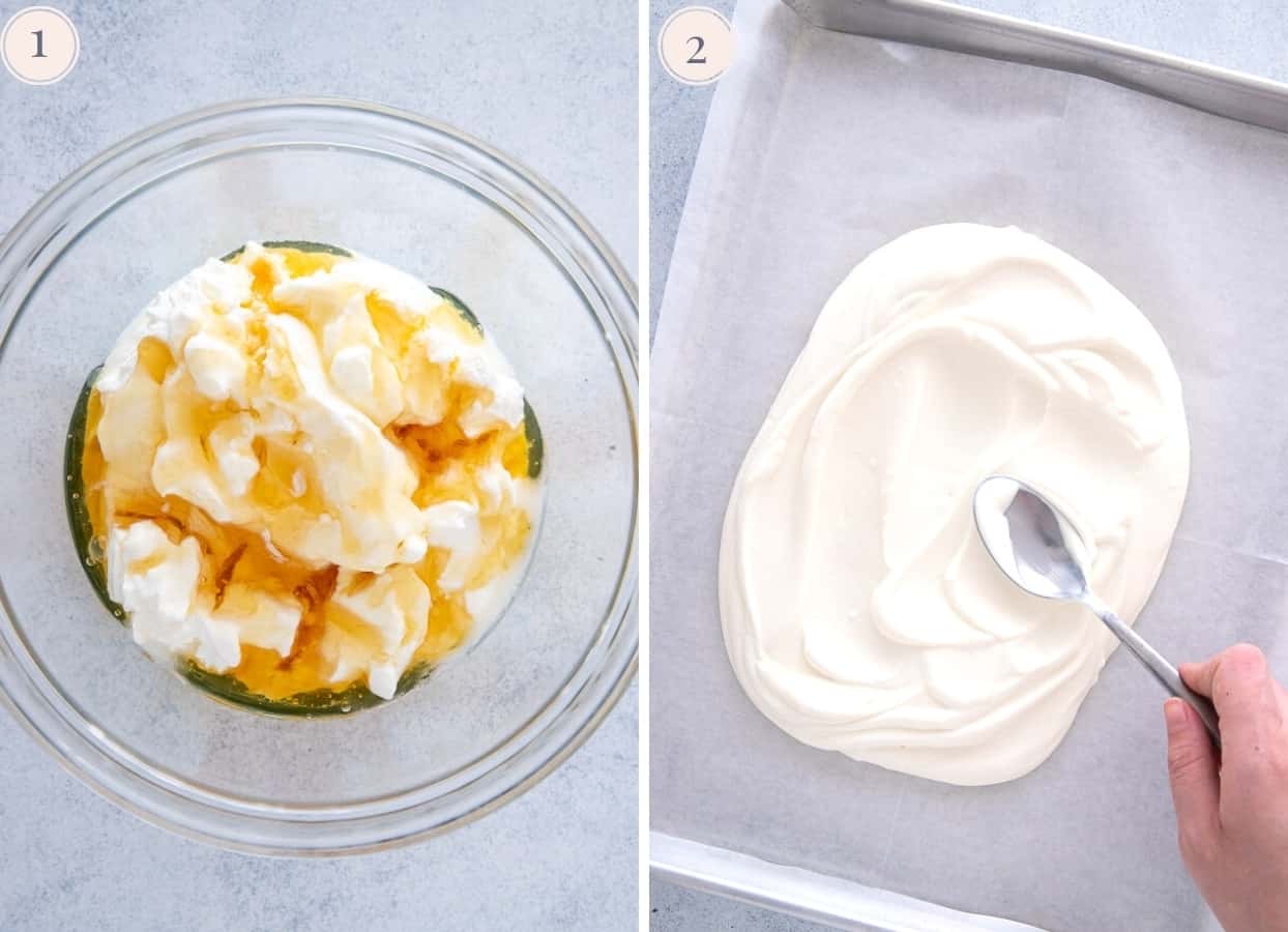 picture collage demonstrating how to make Greek yogurt bark 