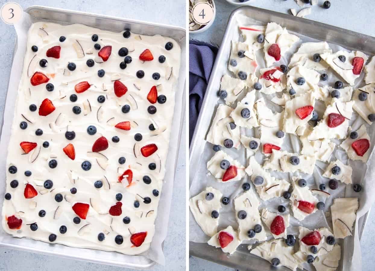 frozen yogurt being spread on a baking sheet and topped with berries and shredded coconut