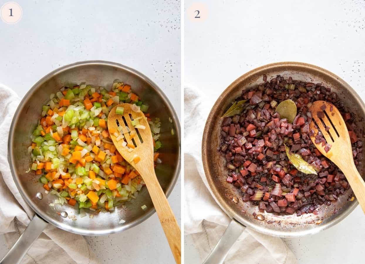 picture collage demonstrating how to sautee veggies to make vegan mushroom bolognese