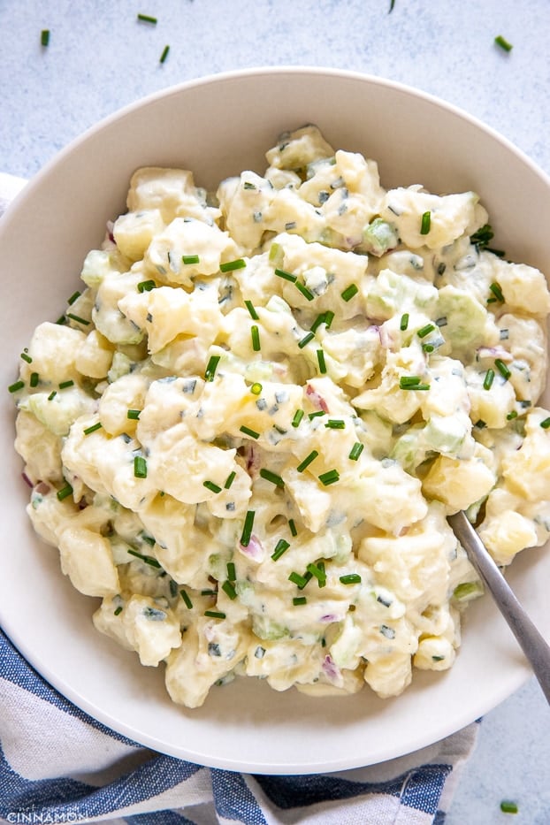 overhead shot of a healthy no mayo potato salad made with greek yogurt