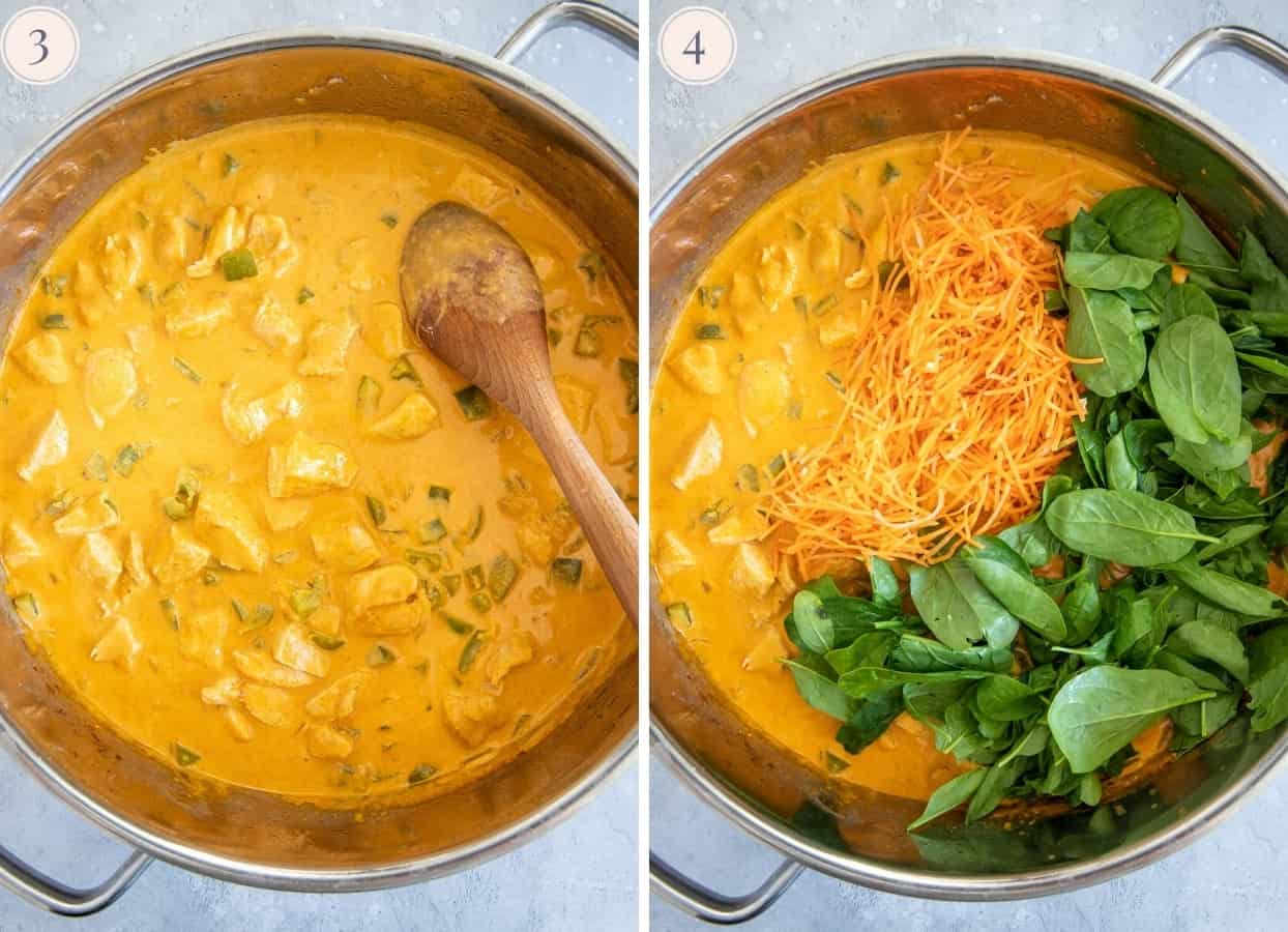 vegetables being added to a pot with simmering red thai curry with chicken