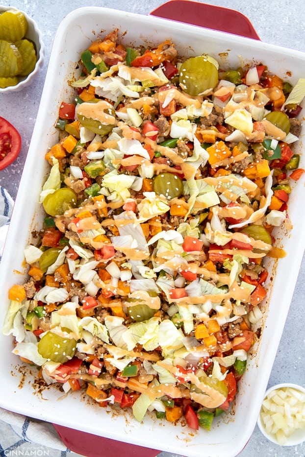 overhead shot of a healthy burger casserole drizzled with homemade special sauce