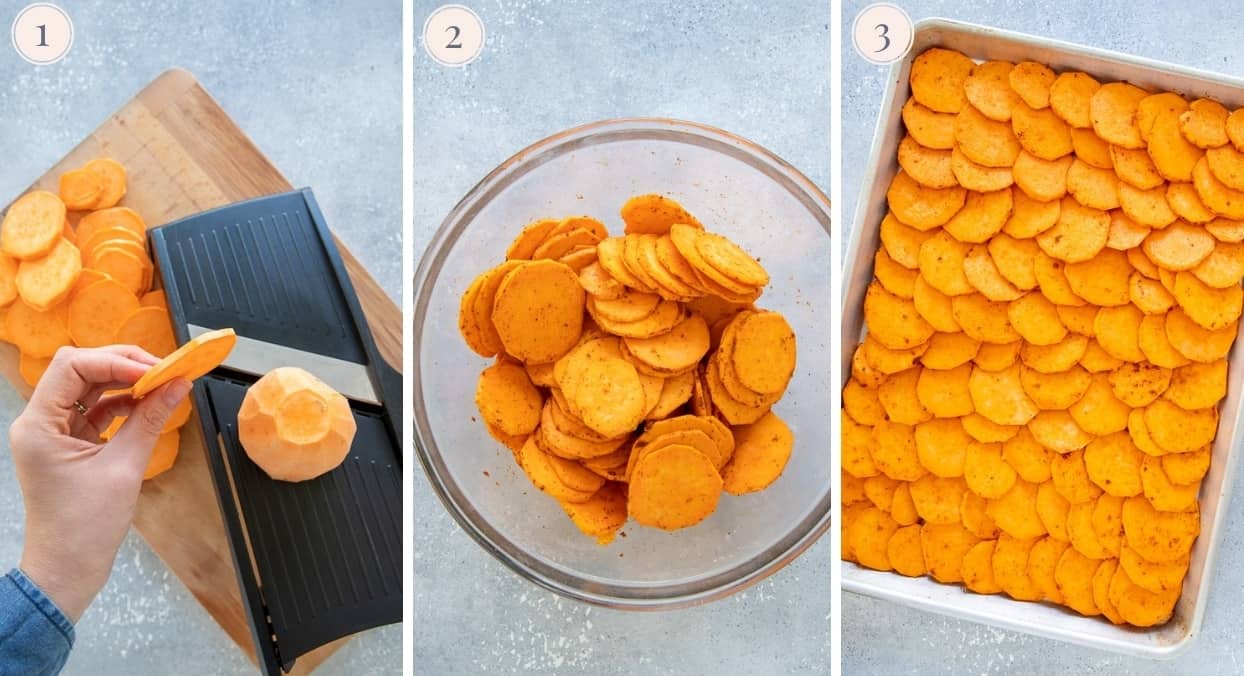 sweet potato being sliced on a mandolin to make sweet potato nachos 