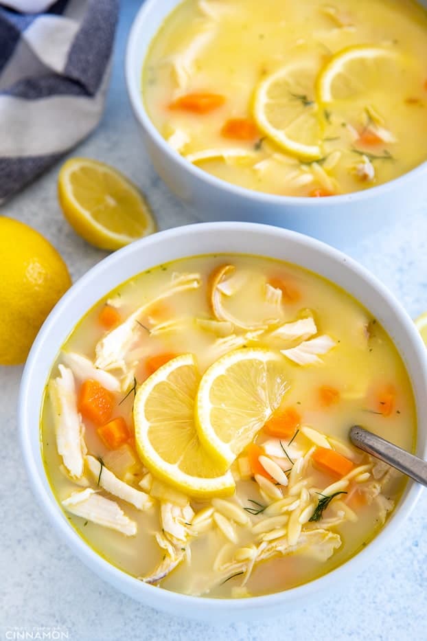 overhead shot of a bowl of Greek Lemon Chicken Soup with orzo pasta