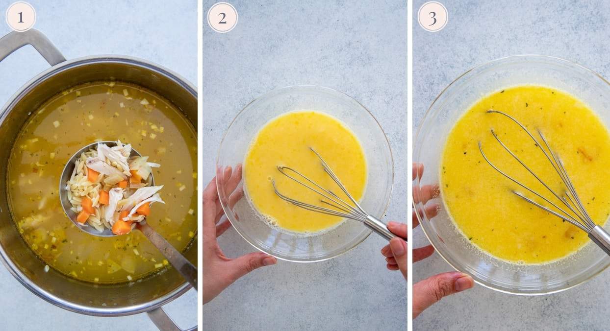 picture collage demonstrating how to make Greek Lemon Soup 