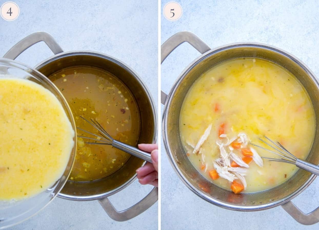 egg mixture being added to Greek Lemon Soup 