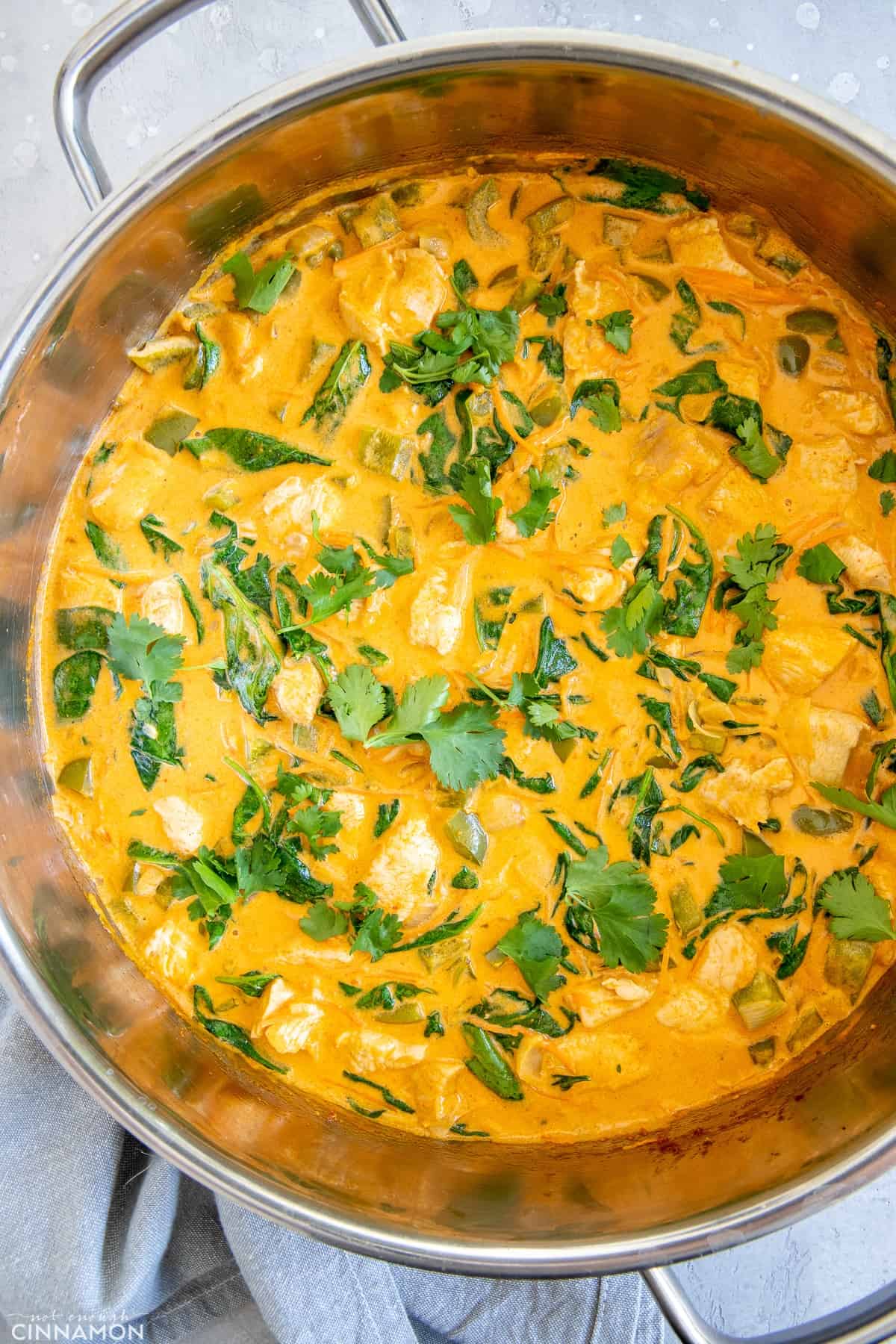 overhead shot of a pot with red thai curry with chicken