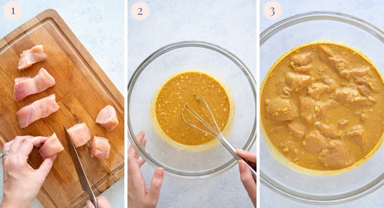 a picture collage demonstrating how to marinate chicken in tandoori marinade