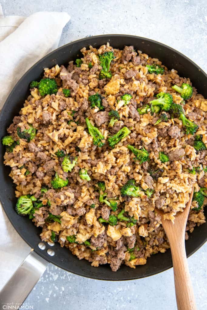 Overhead shot of a skillet with beef and broccoli fried rice