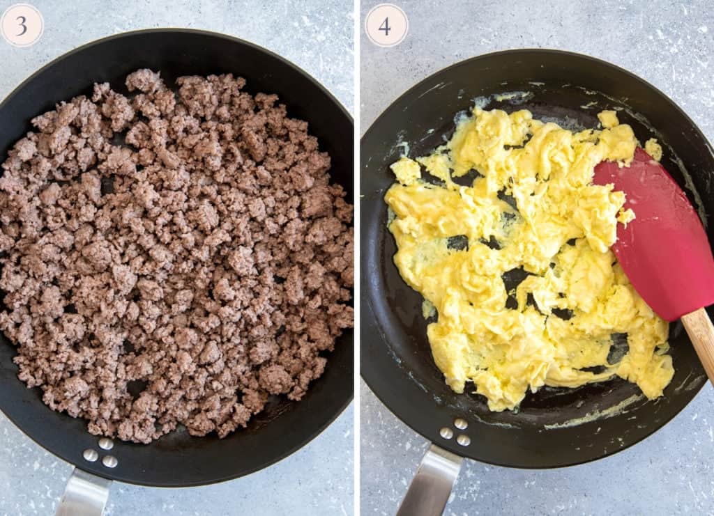 picture collage demonstrating how to pan-fry ground beef and eggs separately to make fried rice recipe