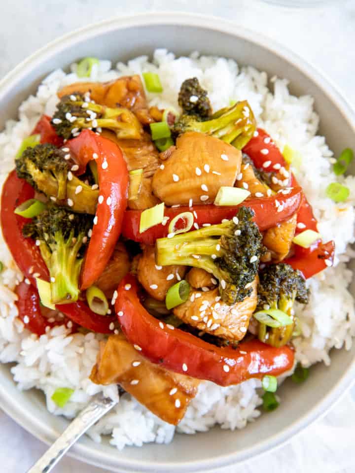 healthy hot honey chicken served over rice