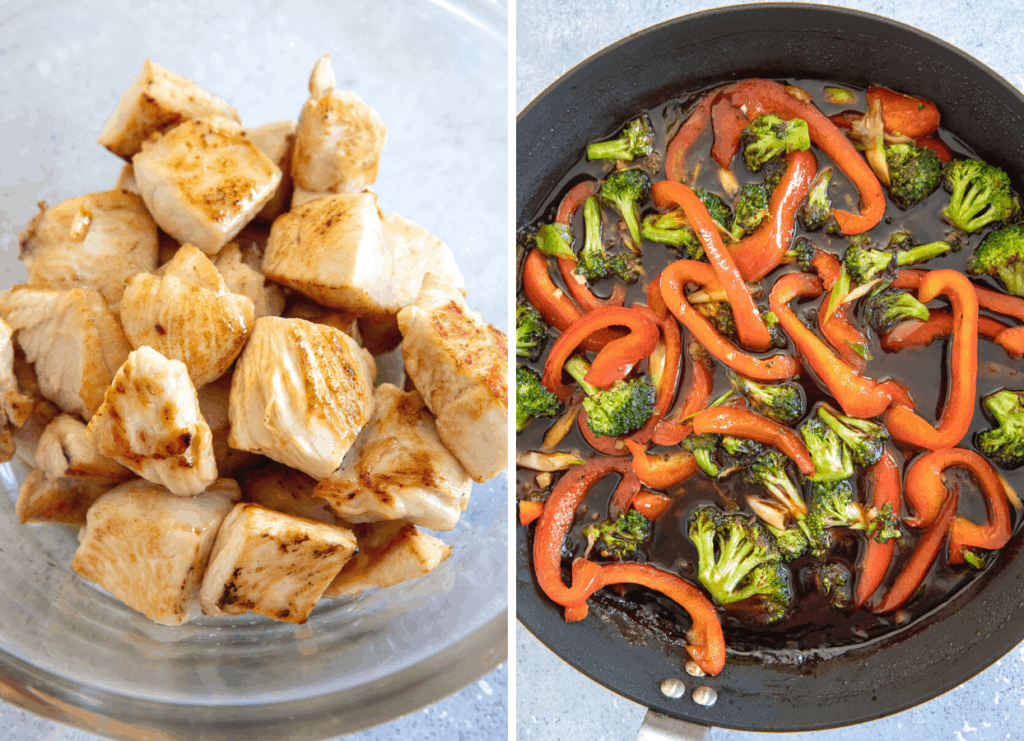 a bowl with fried chicken chunks next to a frying pan with bell pepper and broccoli