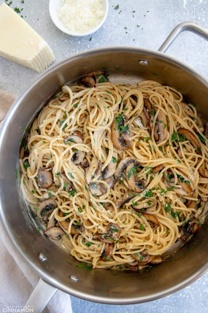 mushroom carbonara in a sauceoan