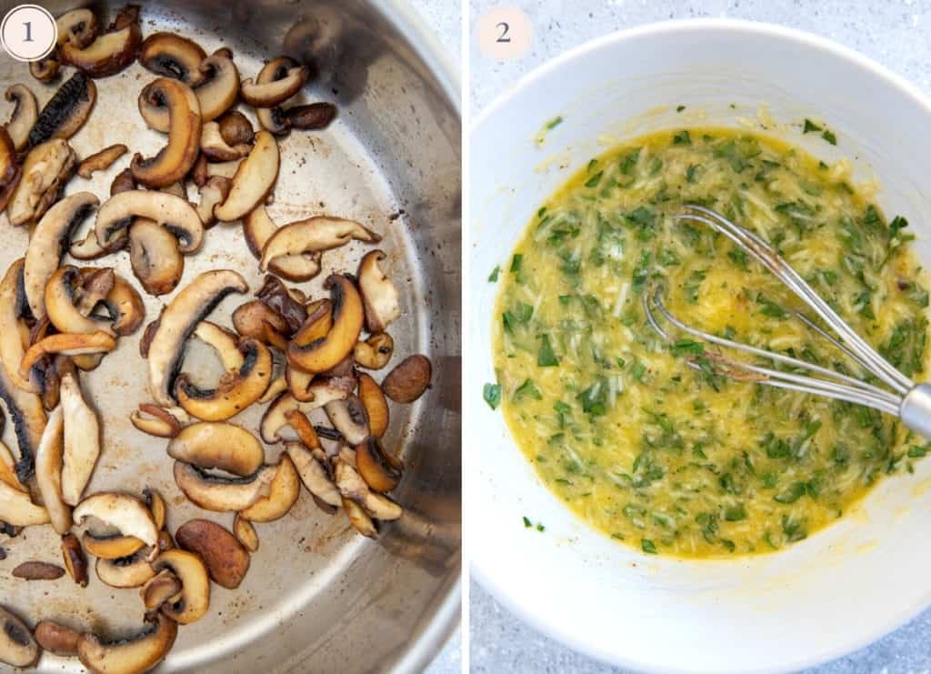 sauteed mushrooms in a bowl and a bowl with parsey, parmesan and eggs being mixed