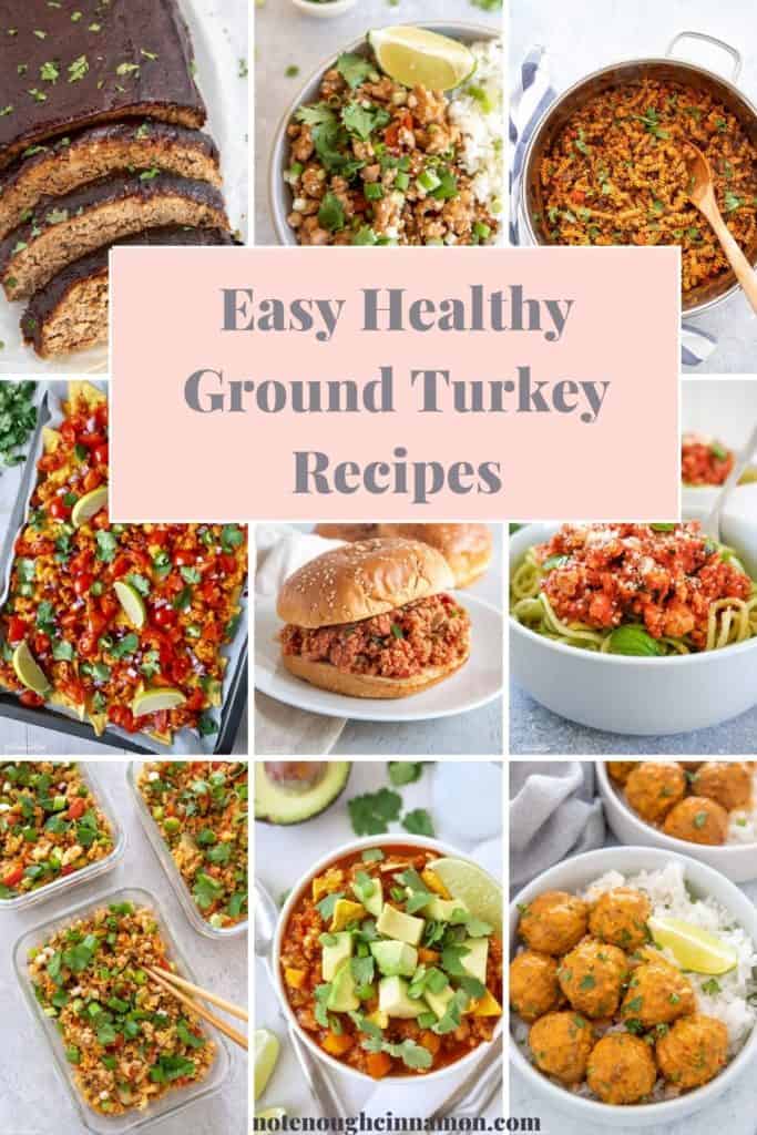 9 picture collage for ground turkey recipe roundup with different healthy dishes using ground turkey