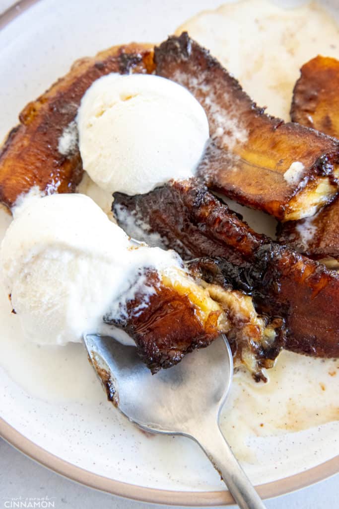 homemade healthier Banana Foster served topped with vanilla ice cream 