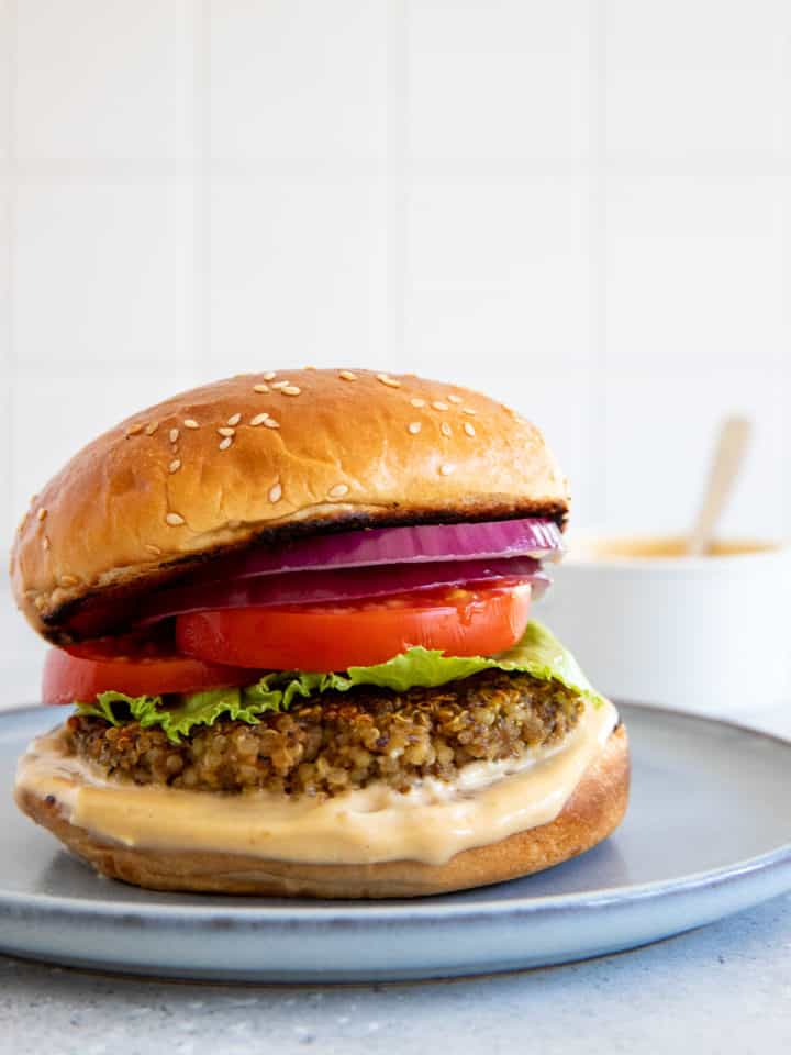 quinoa mushroom burger on a plate