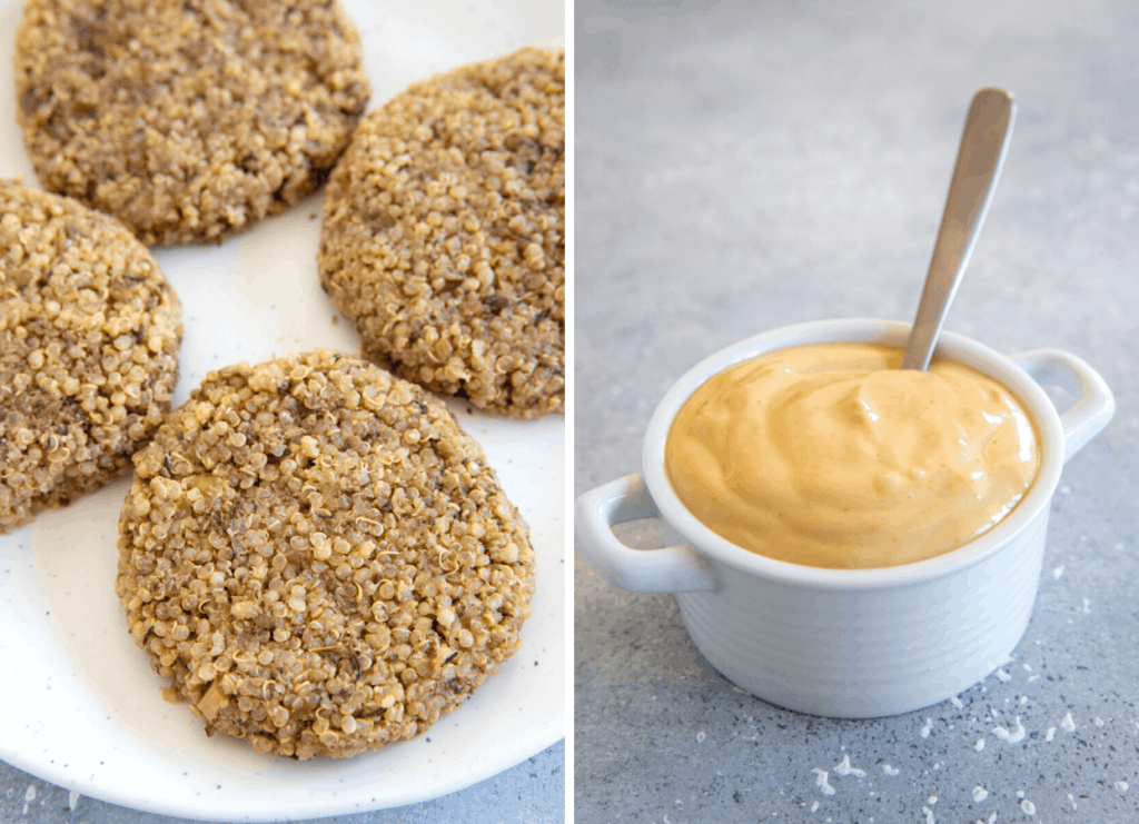 a picture collage with quinoa mushroom burger patties and a small bowl of homemade miso aioli 